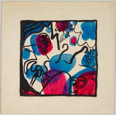 Luonnos värilliselle puupiirrokselle "Kolme ratsastajaa punaisella, sinisellä ja mustalla" tekijältä Wassily Kandinsky