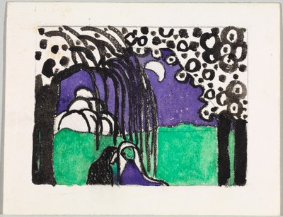 Luonnos väripuupiirrokseen ”Kaksi naista kuumaisemassa” tekijältä Wassily Kandinsky