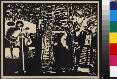 Naiset metsässä (Women in the Woods), kirjoittanut Kandinsky, Wassily Vasilyevich (1866-1944). Puupiirros tekijältä Wassily Kandinsky