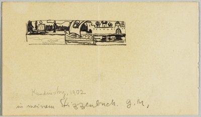 Jokimaisema veneen ja muurien kanssa tekijältä Wassily Kandinsky