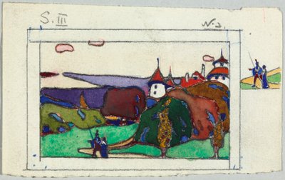 Maisema, jossa pariskunta keskiaikaisessa puvussa, verso: ritari haarniskassa tekijältä Wassily Kandinsky