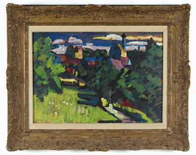 Murnau - näkymä linnalle, kirkolle ja rautateelle tekijältä Wassily Kandinsky