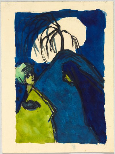 Zwei Gestalten vor Hügel mit Baum und weißer Wolke; Begegnung tekijältä Wassily Kandinsky