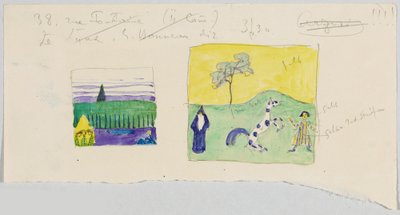 Kaksi maisemaa henkilöhahmoineen, myös nimellä "Kouluratsastus ja maisema, jossa kolme hahmoa keltaisessa kolmiossa" tekijältä Wassily Kandinsky