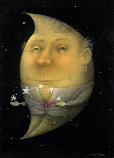 Juggling Crescent Moon (lyijykynä ja väriliitu paperille) (pari 150068) tekijältä Wayne Anderson
