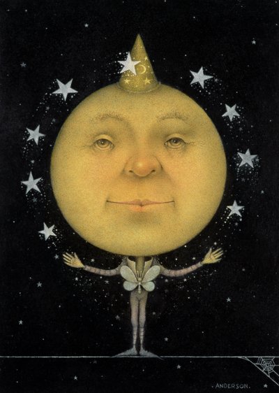Juggling Full Moon (lyijykynä ja väriliitu paperille) (pari 150067) tekijältä Wayne Anderson