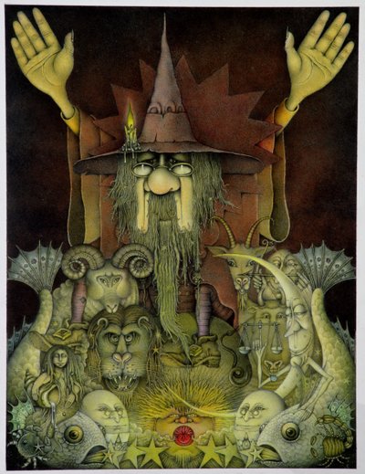 Zodiac Magician (lyijykynä ja väriliitu paperille) tekijältä Wayne Anderson