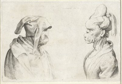 Epämuodostuneet päät miehellä, jolla on levyhattu, ja naisella, jolla on sidottu hiukset Varie figurae et probae (sarjan nimi) Karikatyyrit, päät ja epämuodostumat Leonardo da Vincin jälkeen (sarjan nimi) tekijältä Wenceslaus Hollar (attributed to)