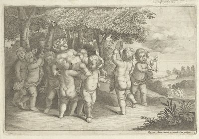 Musiikkia tekevät ja tanssivat pojat pukeutuvat bacchantille tekijältä Wenceslaus Hollar (rejected attribution)