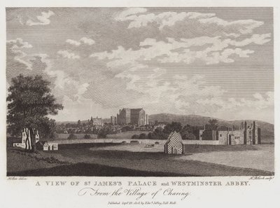 Näkymä St Jamesin palatsille ja Westminster Abbeylle Charingin kylästä tekijältä Wenceslaus Hollar