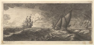 Jahti ja kolme sotalaivaa myrskyssä, 1665. tekijältä Wenceslaus Hollar