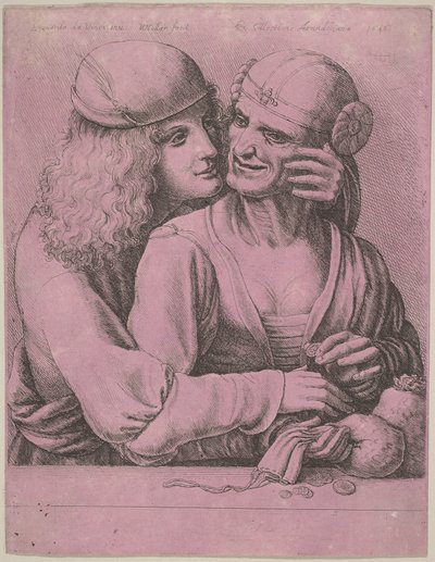 Nuori mies hyväilee vanhaa naista, 1646. tekijältä Wenceslaus Hollar