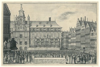 Munsterin rauhan julistus Antwerpenissä, 1648 Eygentlycke Pictorial Den Peysin julkaisutapa syne Mayesteyt den Coninck van Spagnienin ja Heeren States Generael van de Vereenich[de] Nederlandenin välillä lordlycissä tekijältä Wenceslaus Hollar