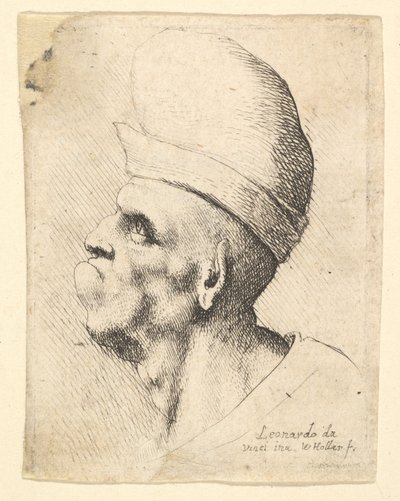 Rintakuva epämuodostuneesta miehestä, jolla on sipulimainen hattu profiilissa vasemmalla, 1625-77. tekijältä Wenceslaus Hollar
