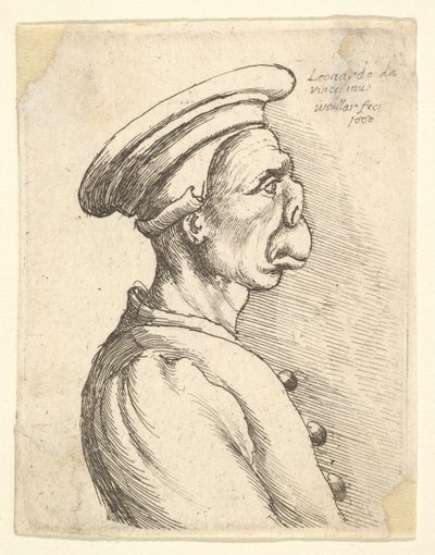 Miehen rintakuva, jolla on litteä nenä ja ulkoneva suu, jolla on litteä lippis ja napitettu takki..., 1660. tekijältä Wenceslaus Hollar