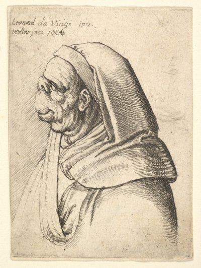 Miehen rintakuva, jolla on pieni käännetty nenä ja erittäin korkea ylähuuli, huppu päällä, profiilissa..., 1666. tekijältä Wenceslaus Hollar