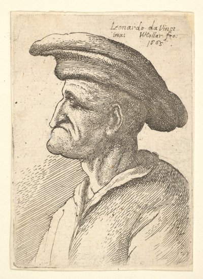 Rinnankuva iäkkäästä miehestä, jonka nenä osuu alahuultaan ja jolla on leveä litteä lippalakki profiilissa t..., 1665. tekijältä Wenceslaus Hollar