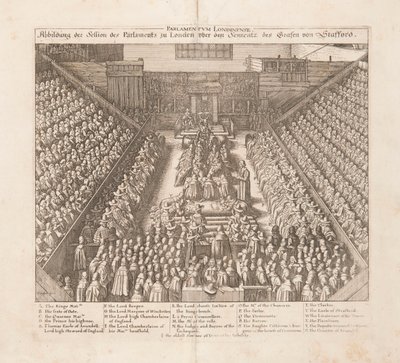 Kuvaus Lontoon parlamentin istunnosta Earl of Staffordin tuomiosta, noin 1642. tekijältä Wenceslaus Hollar
