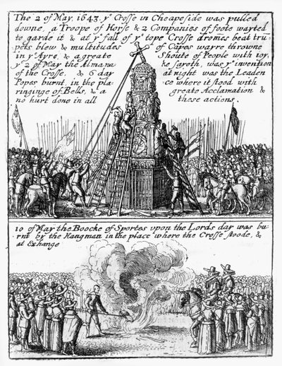 Cheapside Crossin tuhoaminen; "Book of Sports" paloi paikalla tekijältä Wenceslaus Hollar