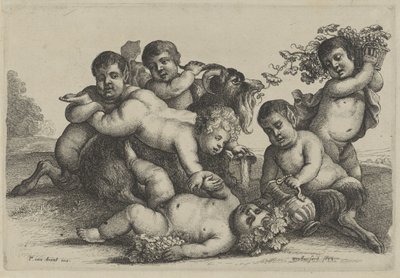 Kolme pientä poikaa, kaksi satyyriä ja Bacchae vuohi Putti and Satyrs (sarjan nimi) tekijältä Wenceslaus Hollar