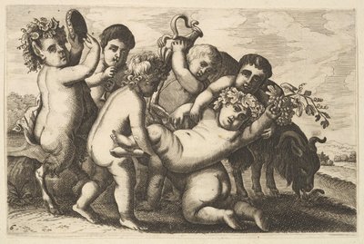 Viisi poikaa, kaksi satyyriä ja vuohi kopio, 1600-luku. tekijältä Wenceslaus Hollar