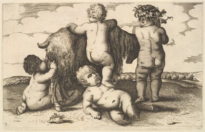 Neljä poikaa, nuori satyyri ja vuohi kopio, 1600-luku. tekijältä Wenceslaus Hollar
