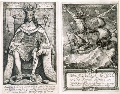 Bibliotheca Regia eli kuninkaallinen kirjasto, 1659, etupuoli ja nimilehti (etsaus ja kaiverrus) tekijältä Wenceslaus Hollar