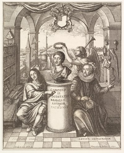 Thomas Sprattin kirjoittaman The History of the Royal Society of London -teoksen etusivun kuva. 1702 tekijältä Wenceslaus Hollar