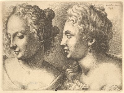 Kahden nuoren naisen päät, 1645. tekijältä Wenceslaus Hollar