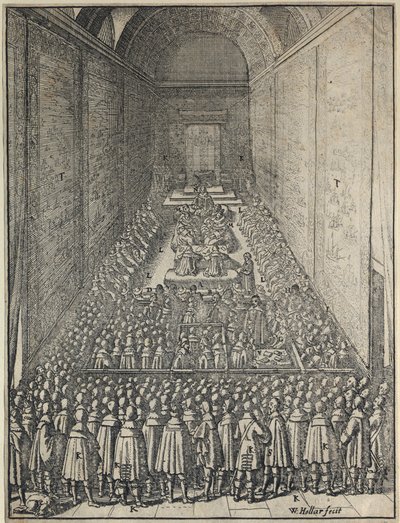 House of Lordsin istunnon sisätilat, Westminsterin palatsi, Lontoo, n. 1650 tekijältä Wenceslaus Hollar