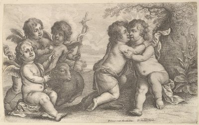 Jeesus ja pyhä Johannes halaavat kerubien kanssa, 1646. tekijältä Wenceslaus Hollar