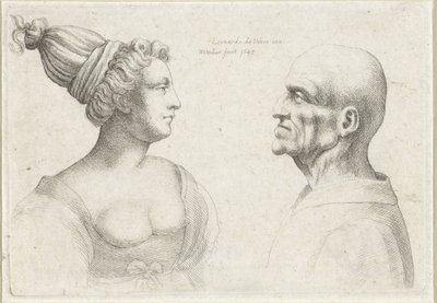 Kaljuun miehen ja naisen päät turbaaneihin Varie figurae et probae (sarjan nimi) Karikatyyrit, päät ja epämuodostumat Leonardo da Vincin jälkeen (sarjan nimi) tekijältä Wenceslaus Hollar