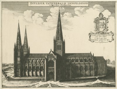Lichfieldin katedraali - Etelänäkymä: kaiverrus, 1672 tekijältä Wenceslaus Hollar