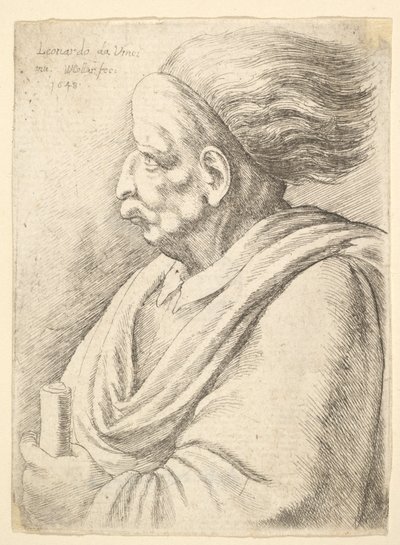 Mies, jolla on karikatuurisia piirteitä ja takana virtaavat hiukset, puolipitkänä vasemmalle, 1648. tekijältä Wenceslaus Hollar
