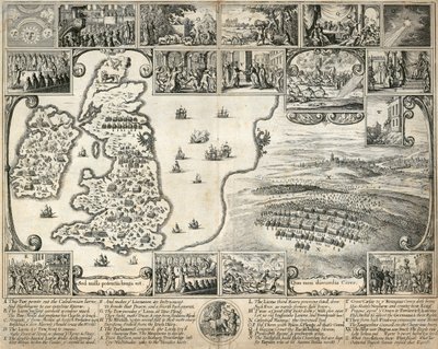 Brittisaarten kartta ja kuvituksia 1600-luvun historiallisista tapahtumista, n. 1659 tekijältä Wenceslaus Hollar