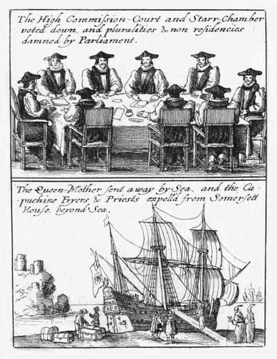 Star Chamberin jäsenet; Kuningatar Henrietta Maria purjehtii Englannista tekijältä Wenceslaus Hollar