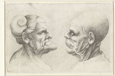 Epämuodostuneet päät kaljuun miehen ja naisen sarvet päässä Varie figurae et probae (sarjan nimi) Karikatyyrit, päät ja epämuodostumat Leonardo da Vincin jälkeen (sarjan nimi) tekijältä Wenceslaus Hollar