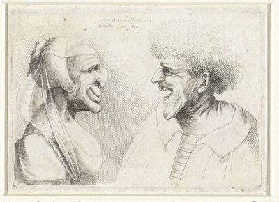 Epämuodostuneet päät hymyilevälle miehelle ja naiselle, joilla on päälaki Varie figurae et probae (sarjan nimi) Karikatyyrit, päät ja epämuodostumat Leonardo da Vincin jälkeen (sarjan nimi) tekijältä Wenceslaus Hollar