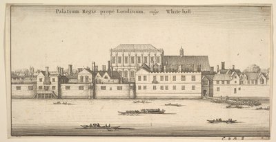 Kuninkaan palatsi lähellä Lontoota, joka tunnetaan yleisesti nimellä White-hall Royal Palace of Whitehall, Lontoo, noin. 1647 tekijältä Wenceslaus Hollar