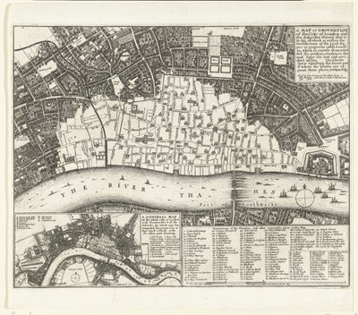 Lontoon kartta vuoden 1666 suuren tulipalon jälkeen Lontoon Cityn ja esikaupunkien kartta tai tontti (...) (otsikko esineessä) tekijältä Wenceslaus Hollar