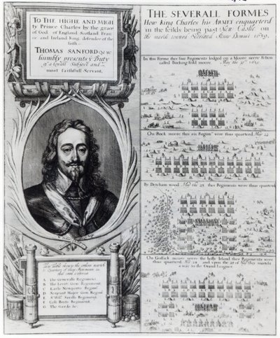 Kuningas Kaarle I:n muotokuva ja kaaviot, jotka esittävät hänen joukkojensa muodostumista piispojen sodan aikana, n. 1639 tekijältä Wenceslaus Hollar