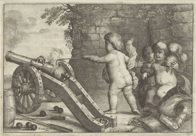 Putti ampuva tykki: Tulielementti The Four Elements (sarjan nimi) tekijältä Wenceslaus Hollar