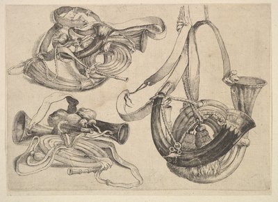 Seitsemän metsästyssarvea kolmessa ryhmässä, 1625-77. tekijältä Wenceslaus Hollar
