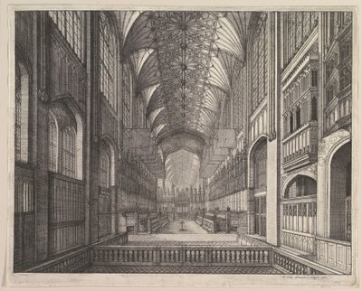 Pyhän Yrjön kappelin kuoro, Windsor (Elias Ashmolen teoksesta "Sukkanauharitarikunta", 1672) tekijältä Wenceslaus Hollar