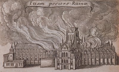 Pyhän Paavalin katedraali vanha, Lontoo, tulessa, 1666 tekijältä Wenceslaus Hollar