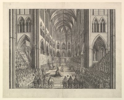 Kuningas Kaarle II:n kruunajaiset Westminster Abbeyssa, huhtikuun 23. päivänä 1661 (John Ogilbyn teoksesta "The Entertainment of...Charles II", Lontoo, 1662) tekijältä Wenceslaus Hollar