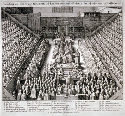 Thomas Wentworthin, Earl of Straffordin oikeudenkäynti, Westminster Hall, Lontoo, 1641. tekijältä Wenceslaus Hollar