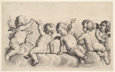 Kolme kerubia ja kaksi poikaa pilvissä, 1620-77. tekijältä Wenceslaus Hollar