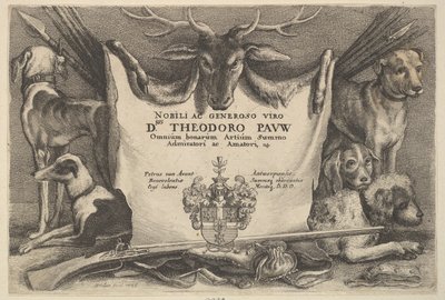Nimisivu, jossa koirat ja metsästysvälineet, 1646. tekijältä Wenceslaus Hollar