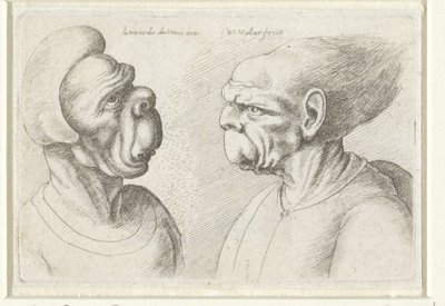 Kaksi epämuodostunutta päätä Varie figurae et probae (sarjan nimi) Karikatyyrit, päät ja epämuodostumat Leonardo da Vincin jälkeen (sarjan nimi) tekijältä Wenceslaus Hollar